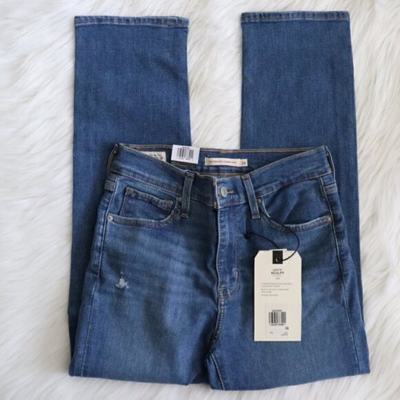 NWT Levi's 724 High Waisted Straight Leg Distressed Blue Denim Jeans Size 26 - Picture 4 of 7